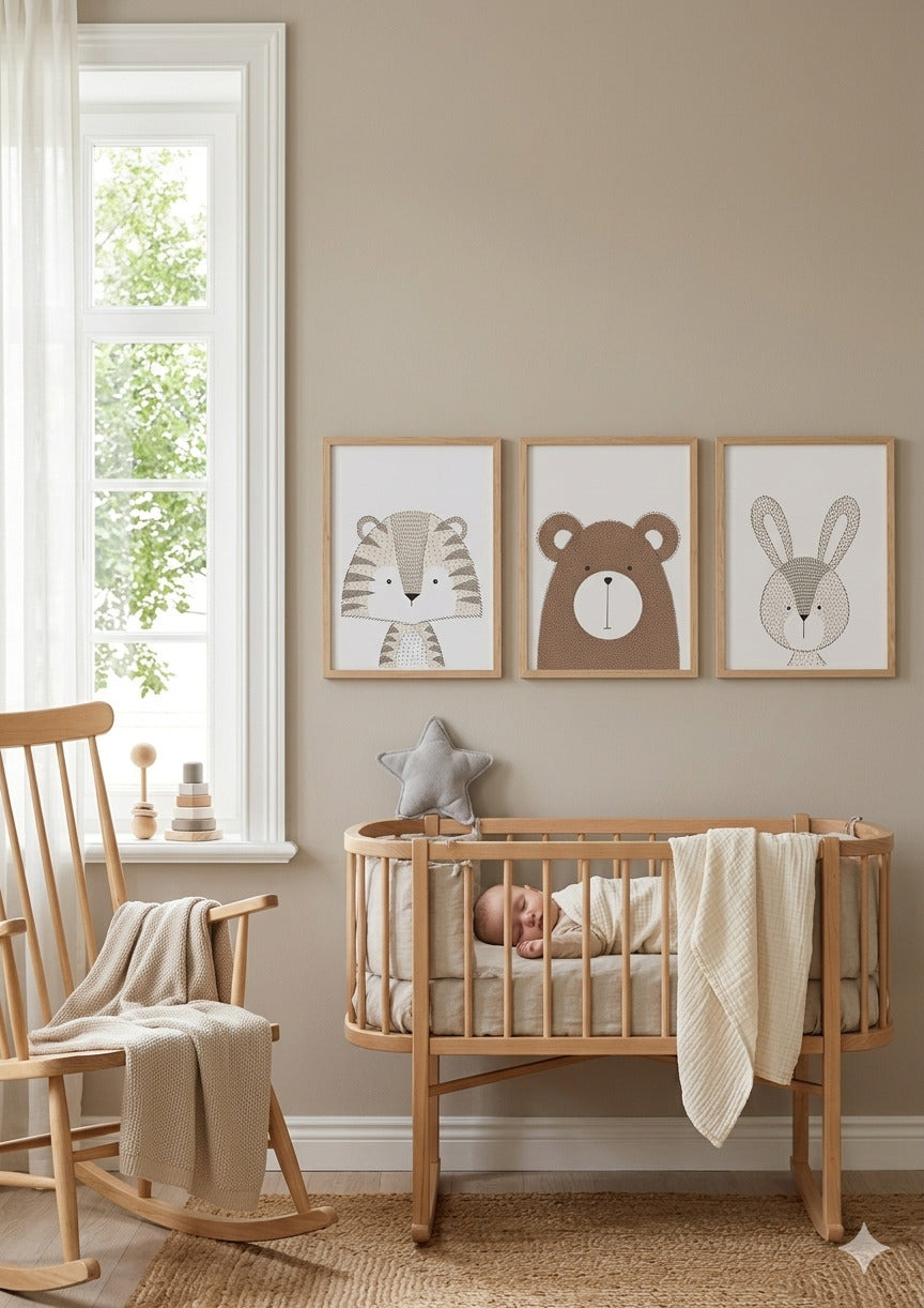 Set 3 Cuadros Infantiles – Tigre, Oso y Conejito Nórdico 🐯🐻🐰