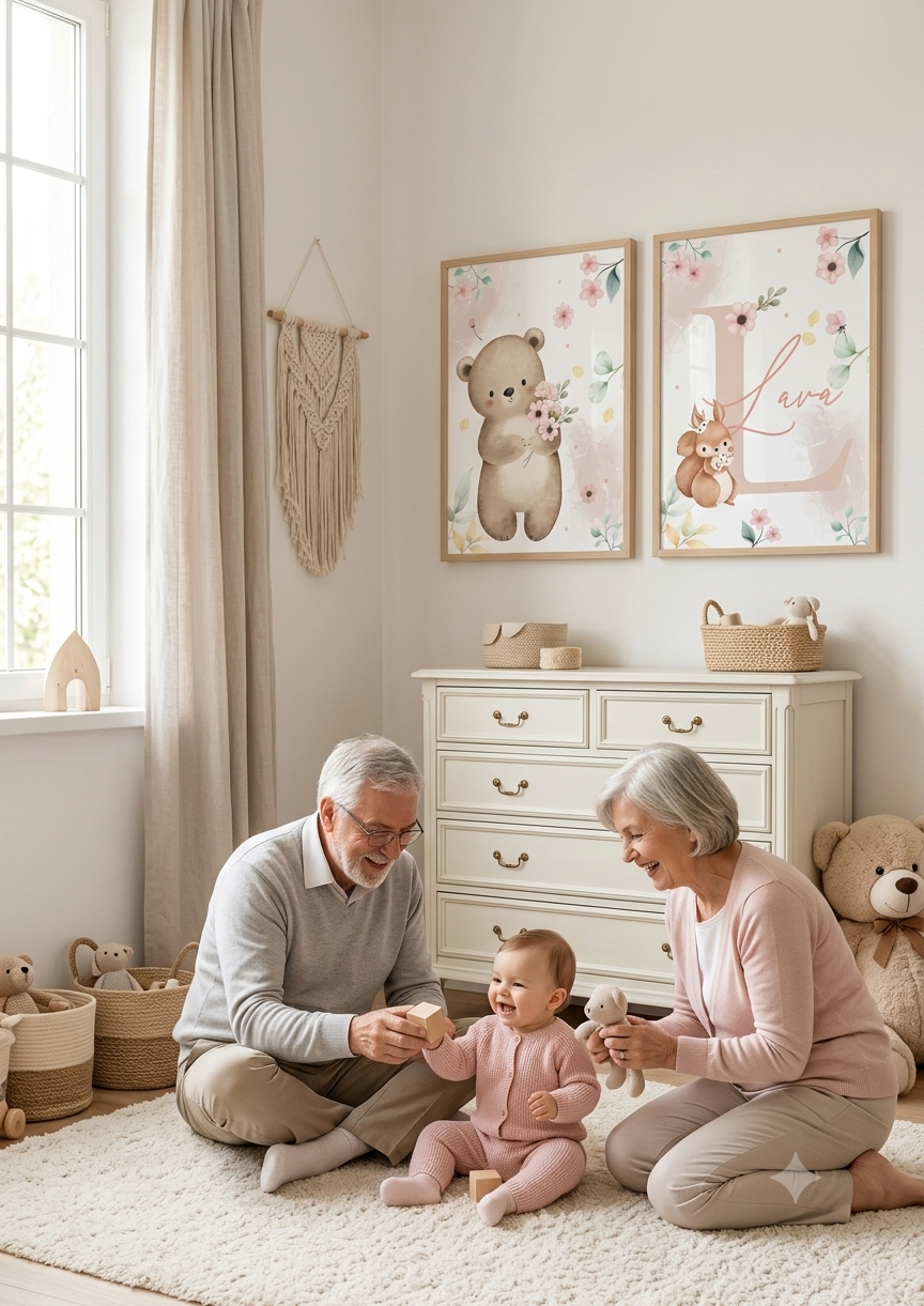 Set 2 láminas nacimiento personalizadas en habitación bebé con abuelos