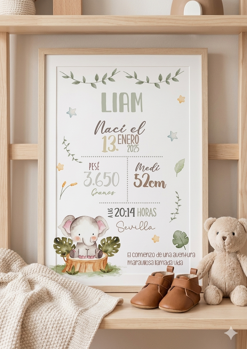 Lámina de Nacimiento Personalizada – Elefantito en el Bosque 🐘🌿