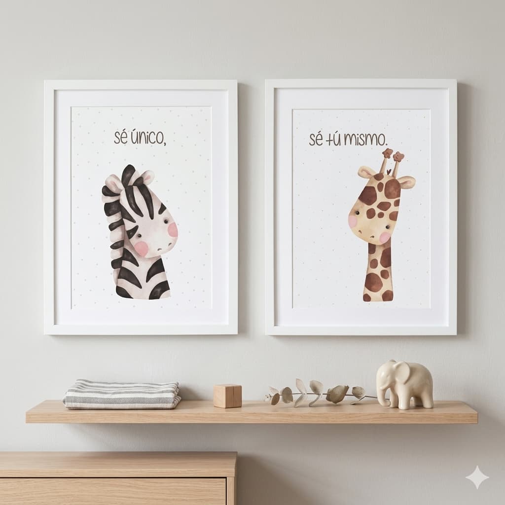 Set de 3 Láminas Decorativas Personalizadas – Sé Valiente, Sé Único, Sé Tú Mismo 🦁🦓🦒