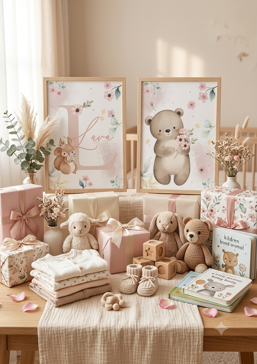 Set 2 láminas nacimiento personalizadas con regalos baby shower
