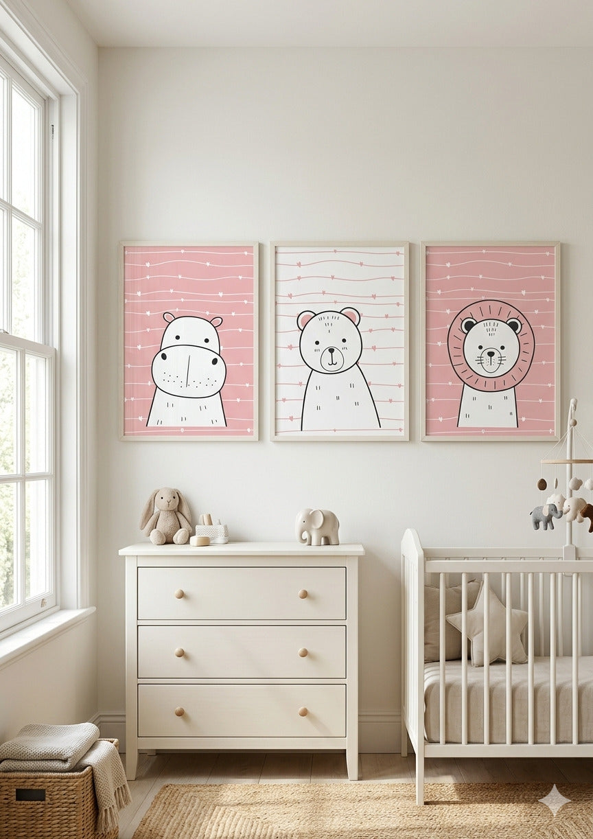 Set 3 Láminas Infantiles – Hipó, Osito y León 🦛🐻🦁