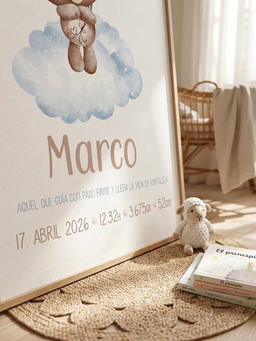 Lámina de nacimiento personalizada osito rosa con globos - habitación bebé niña Elisa