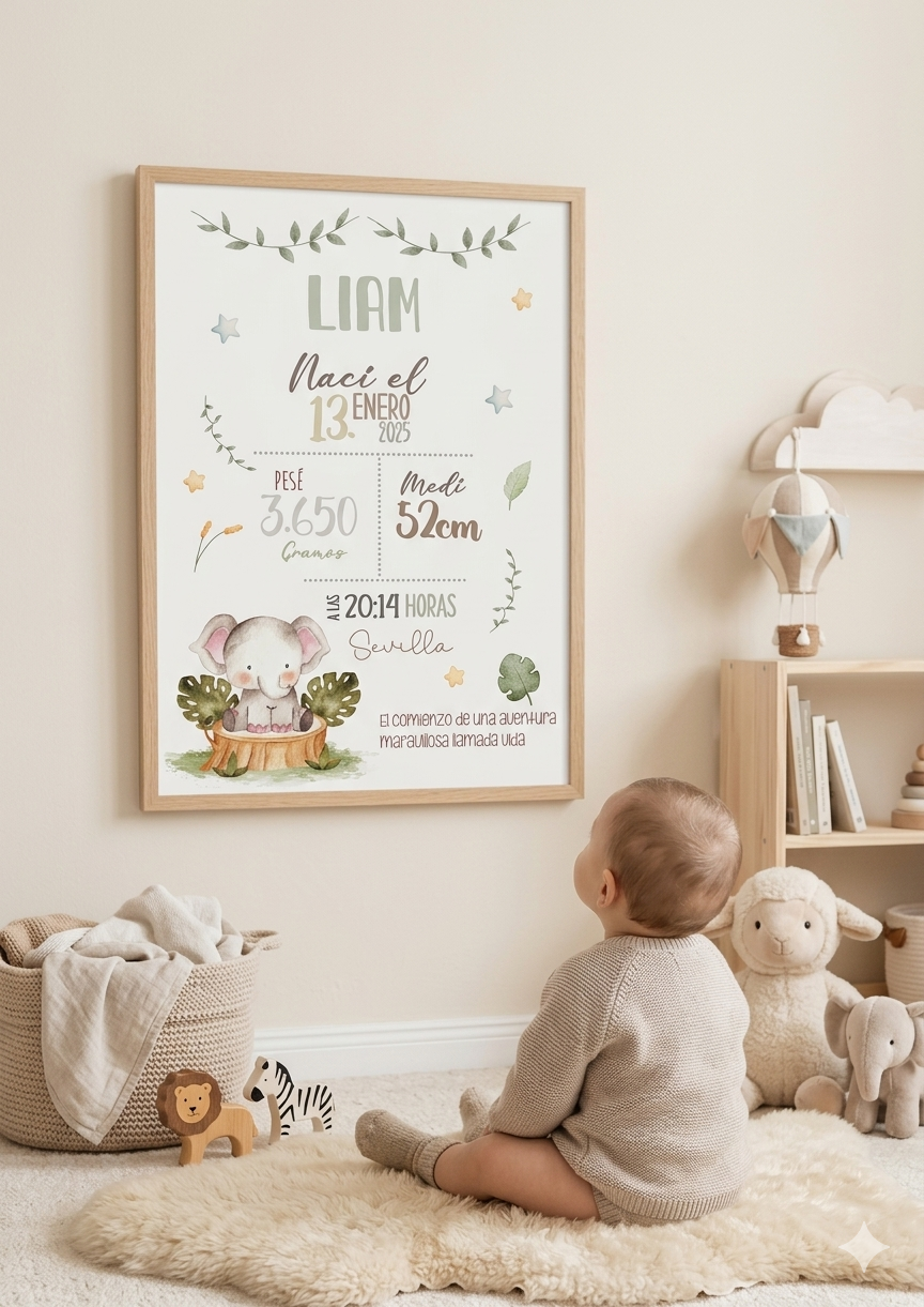 Lámina de Nacimiento Personalizada – Elefantito en el Bosque 🐘🌿