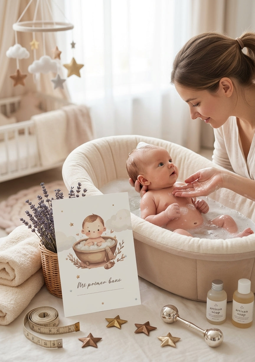 Mamá bañando bebé con tarjeta hito Mi primer baño osito beige