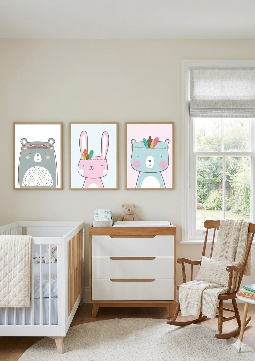 Set 3 Pósters Infantiles Boho – Osito, Conejita y Osito Turquesa 🪶✨