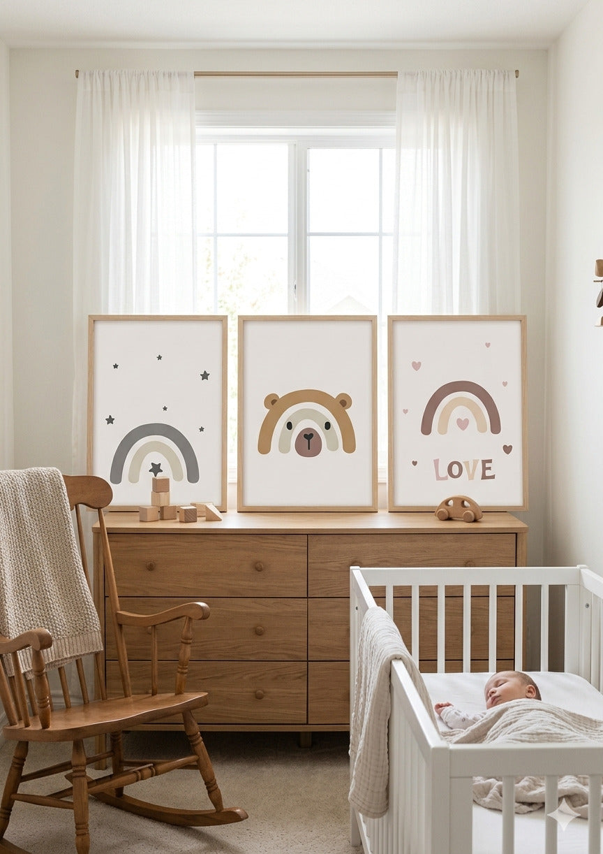 Set 3 Láminas Bebé Boho Neutro – Arcoíris, Osito y Love 🌈🐻❤️