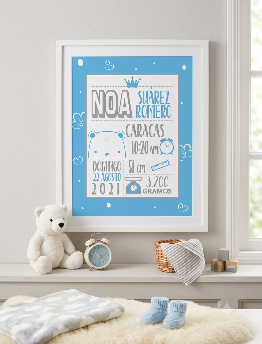 Póster de Nacimiento Personalizado – Osito Azul