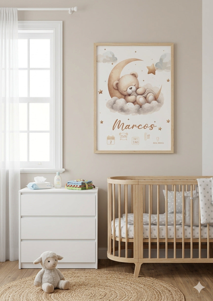 Póster de Nacimiento Personalizado – Osito en la Luna 🐻⭐