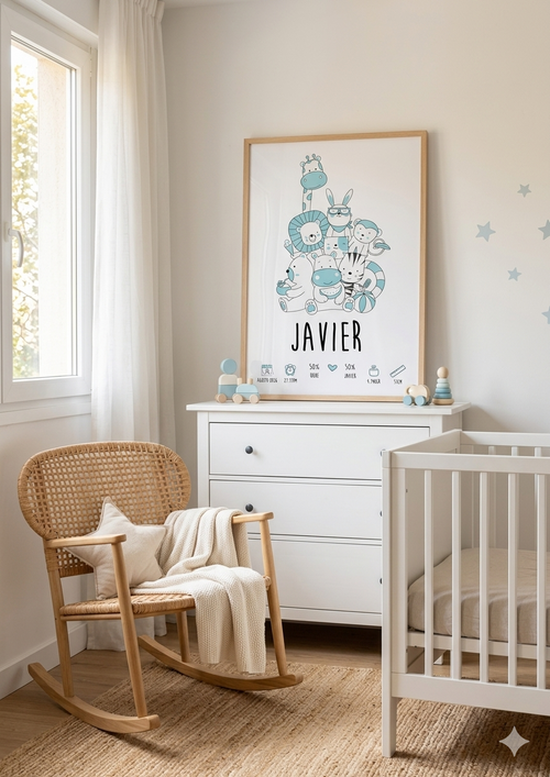 Lámina de Nacimiento Personalizada – Animalitos Kawaii 🦁🦒🐘