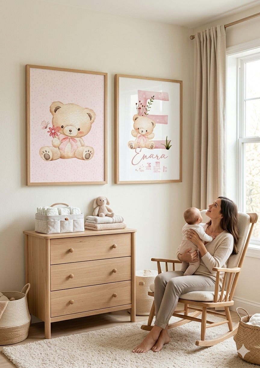 Set 2 Láminas Nacimiento Personalizadas – Osito Rosa e Inicial Bebé 🐻🌸