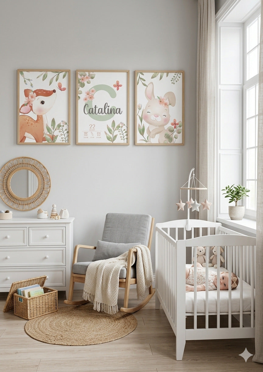 Set de 3 Láminas Personalizadas – Cierva, Inicial y Conejita Floral 🦌🐰🌿