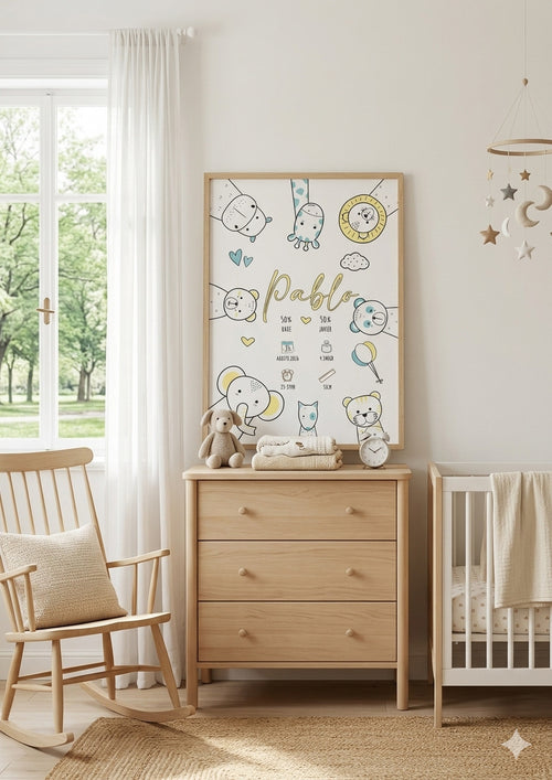 Cartel de Bienvenida Bebé Personalizado – Animalitos Kawaii 🦁🐘🐱
