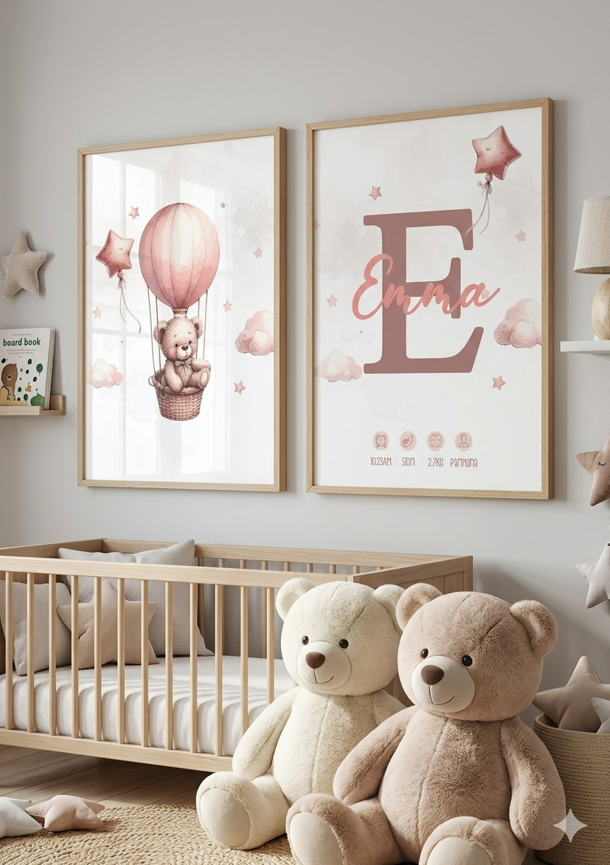Set de 2 Láminas de Nacimiento Personalizadas – Osita en Globo e Inicial con Datos 🐻🎈✨