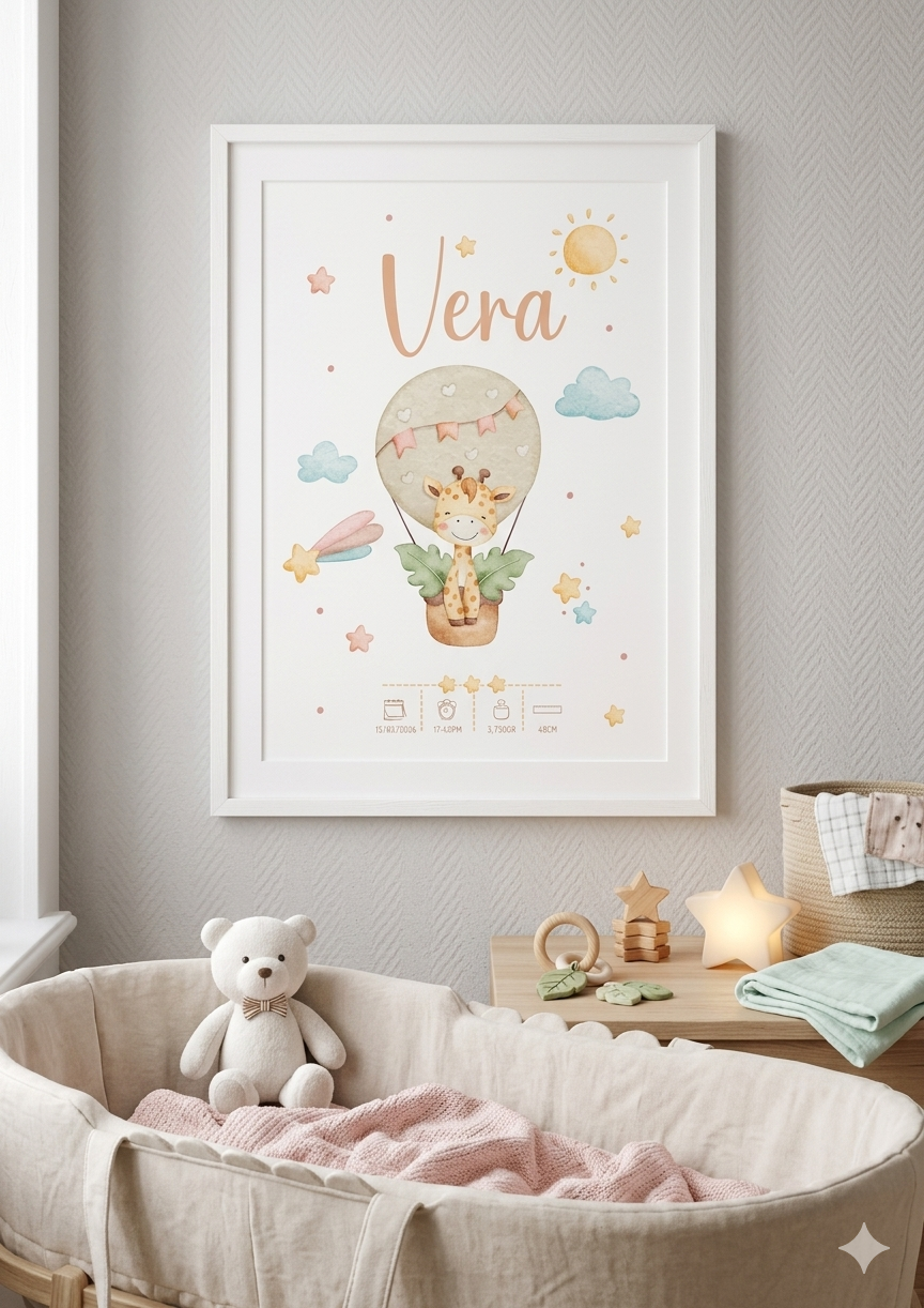 Cartel de Nacimiento Personalizado – Jirafita en Globo 🦒🌟