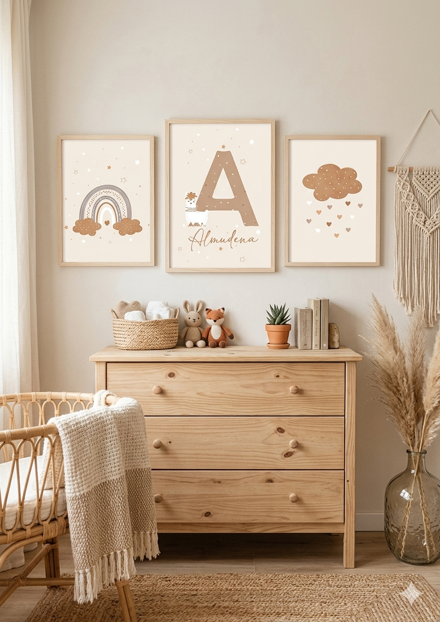 Set de 3 Láminas Decorativas Personalizadas – Arcoíris, Inicial y Nube Boho 🌈☁️✨