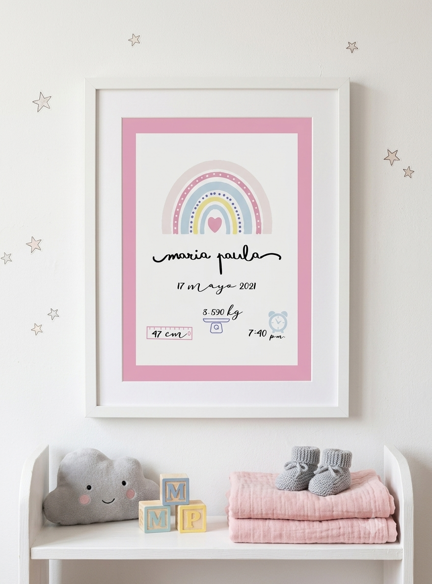 Cuadro de Nacimiento Personalizado – Arcoíris Boho Rosa