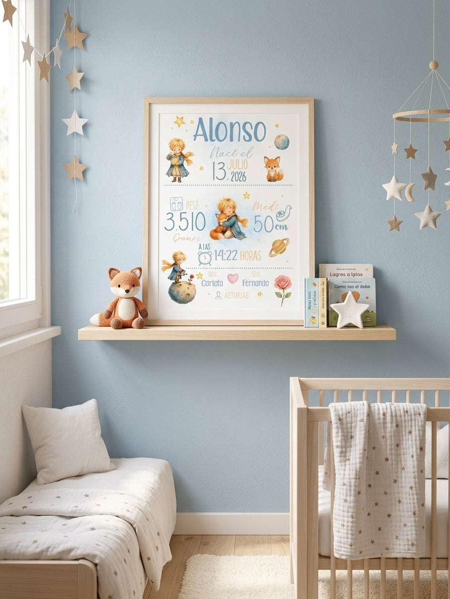 Lámina de nacimiento El Principito en estantería nursery