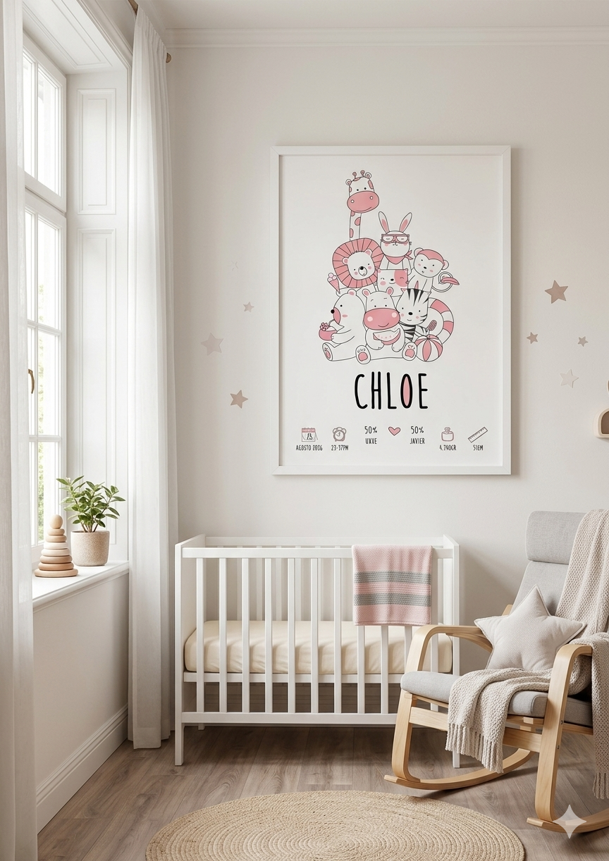 Lámina de Nacimiento Personalizada – Animalitos Kawaii 🦁🦒🐘