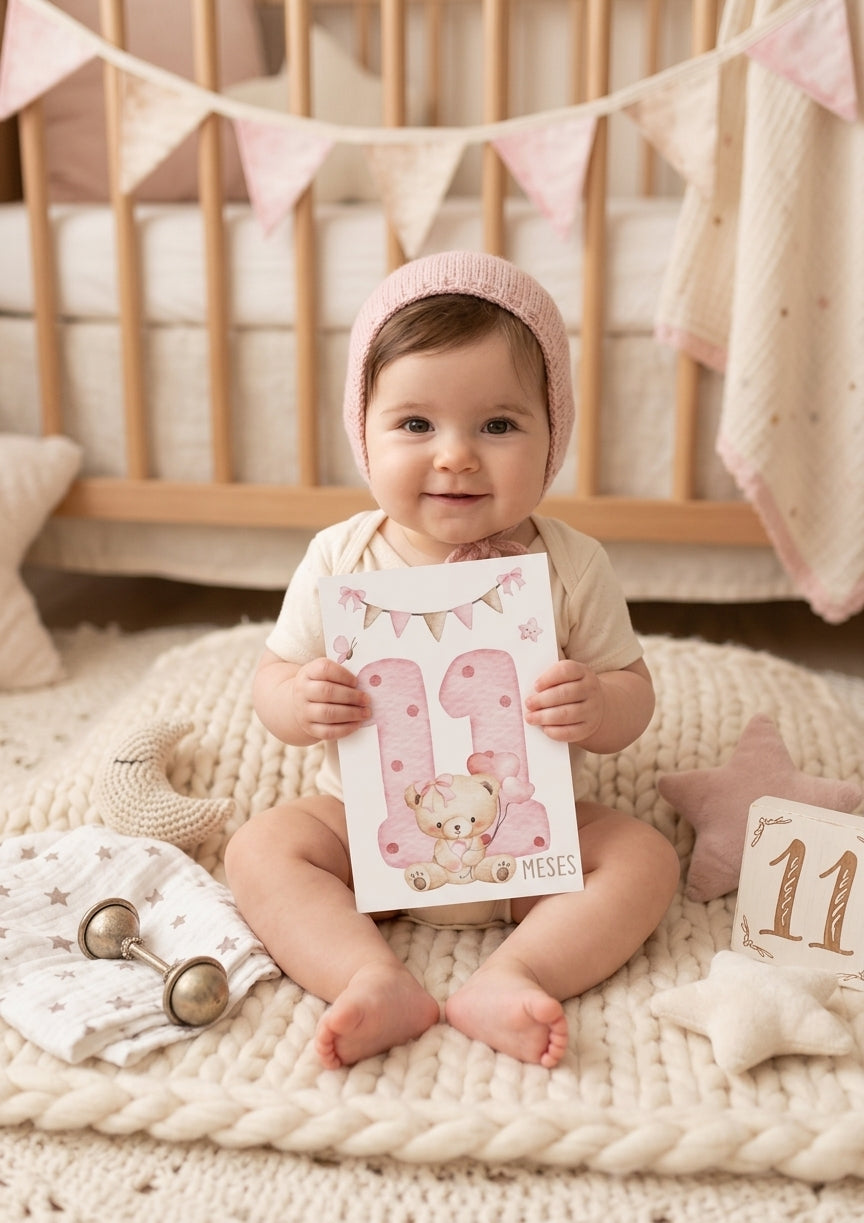 Bebé niña sosteniendo tarjeta hito 11 meses osito rosa nórdico