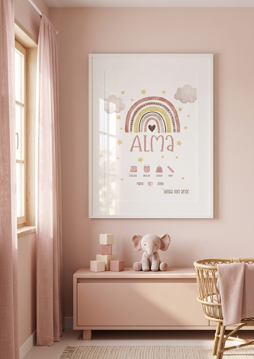Lámina de Nacimiento Personalizada – Arcoíris Rosa 🌈✨