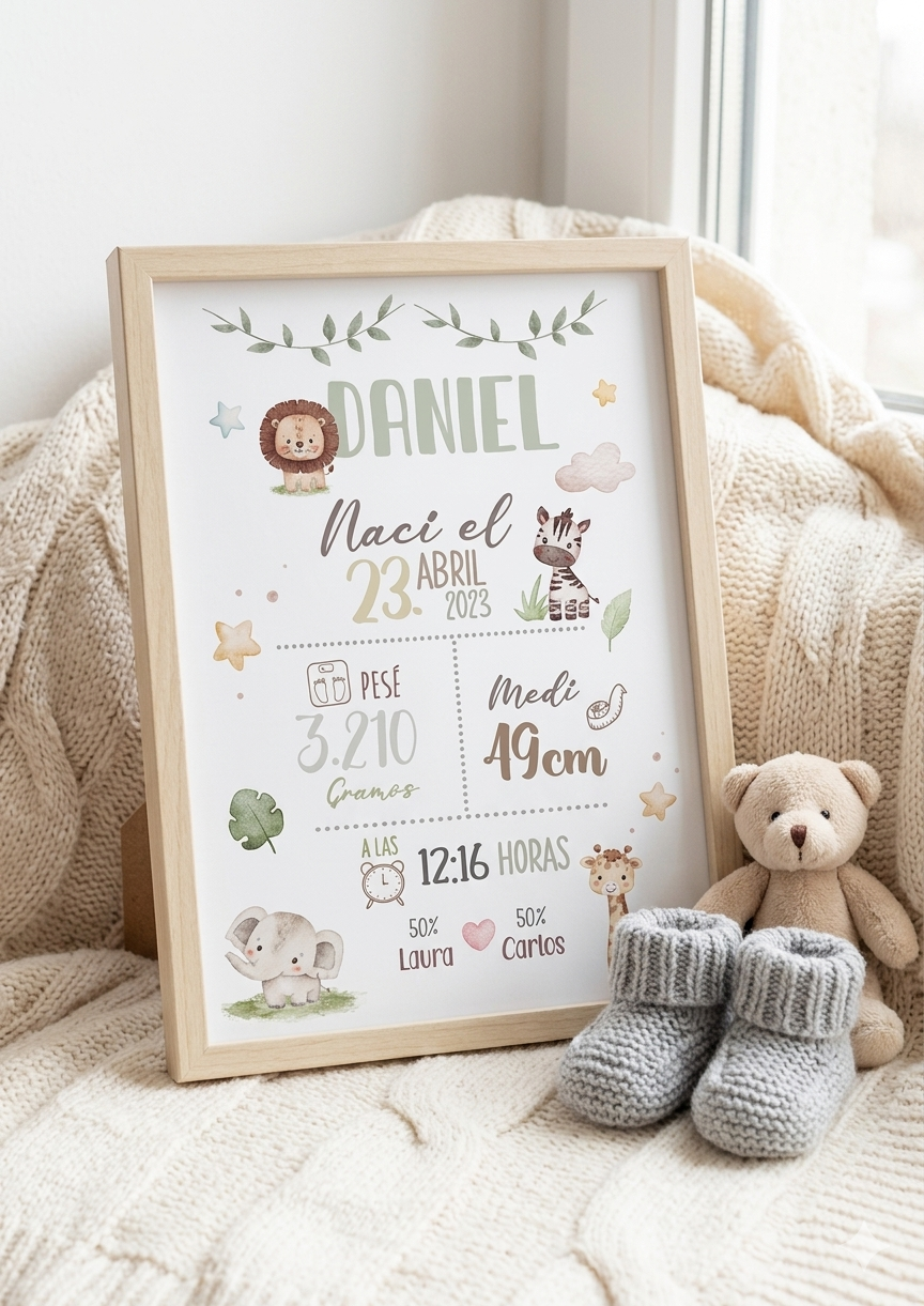 Lámina Nacimiento Personalizada Animales Sabana – Cuadro Bebé 🦁🦓🐘🦒