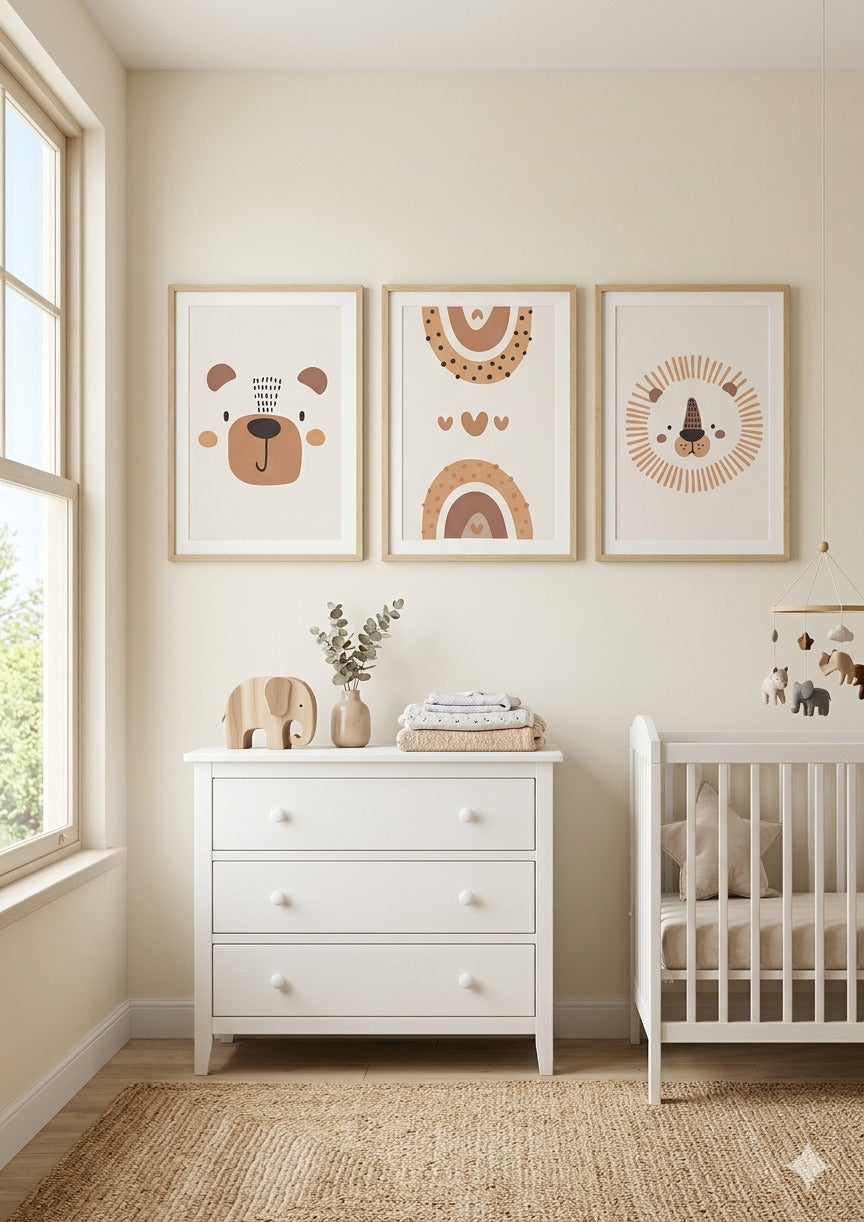 Set 3 Prints Infantiles Caramelo – Osito, Arcoíris Doble y León Solar 🐻🌈🦁