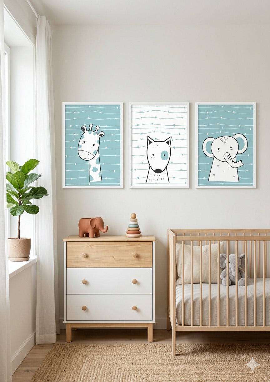 Set 3 Láminas Infantiles – Jirafa, Lobito y Elefante 🦒🐺🐘