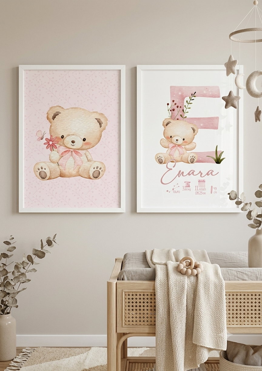 Set 2 Láminas Nacimiento Personalizadas – Osito Rosa e Inicial Bebé 🐻🌸