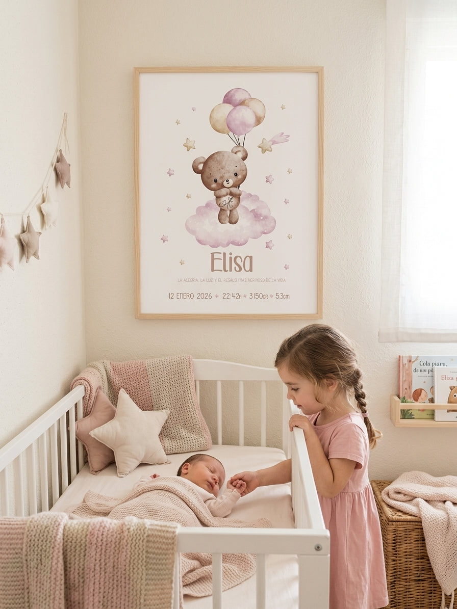 Lámina de nacimiento personalizada osito azul con globos - habitación bebé niño Marco