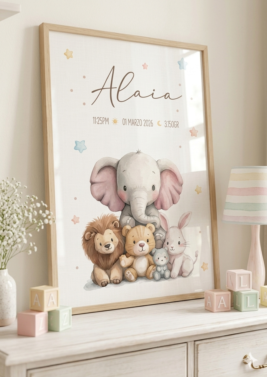 Póster de Nacimiento Personalizado – Amigos del Bosque 🐘🦁