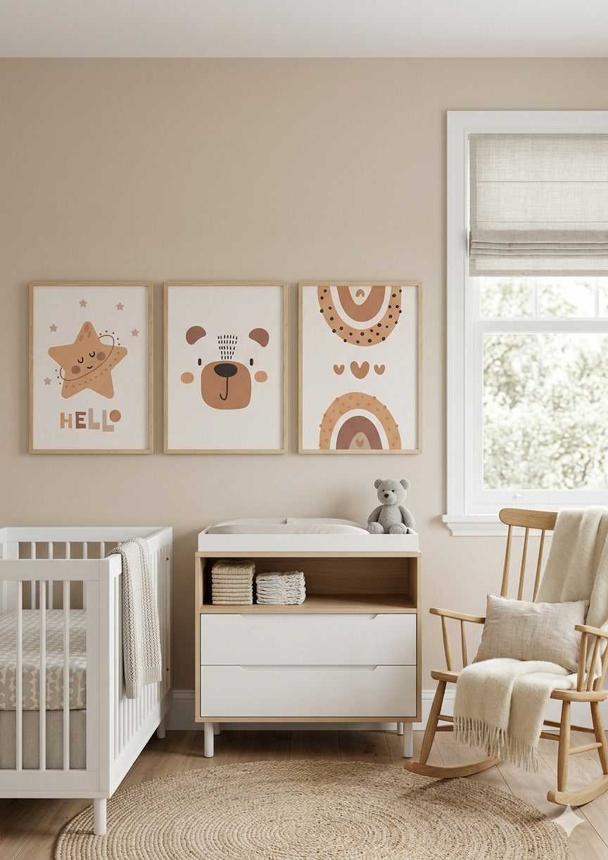 Set 3 Láminas Boho Tostado – Estrella Hello, Osito y Arcoíris ⭐🐻🌈