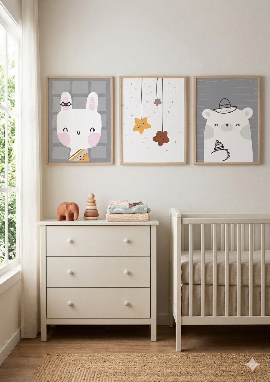 Set 3 Láminas Infantiles Divertidas – Conejita, Estrellas y Osito Sombrero 🐰⭐🐻