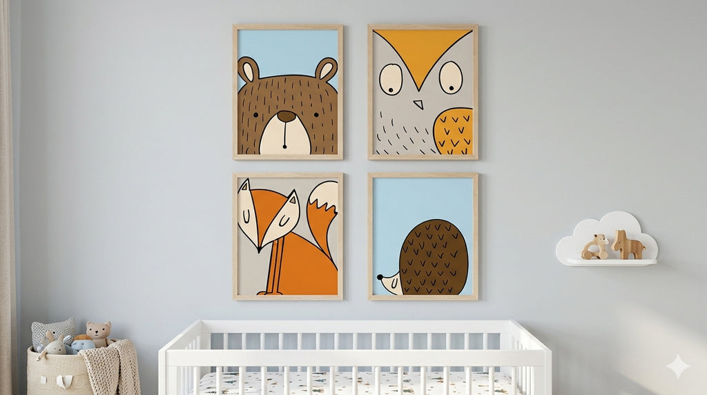 Set de 4 Láminas Decorativas – Animales del Bosque 🐻🦉🦊🦔
