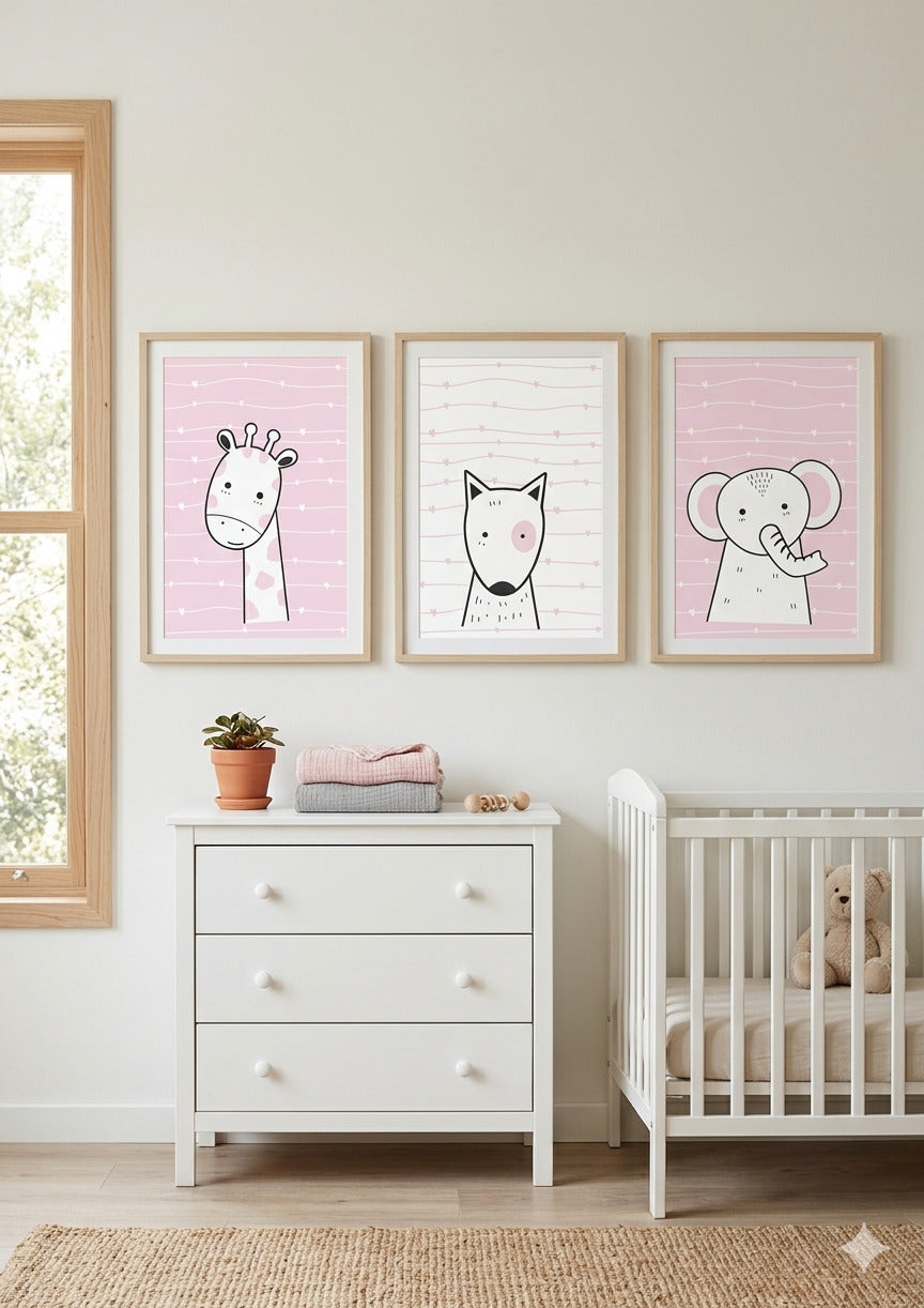 Set 3 Láminas Infantiles – Jirafa, Lobito y Elefante 🦒🐺🐘