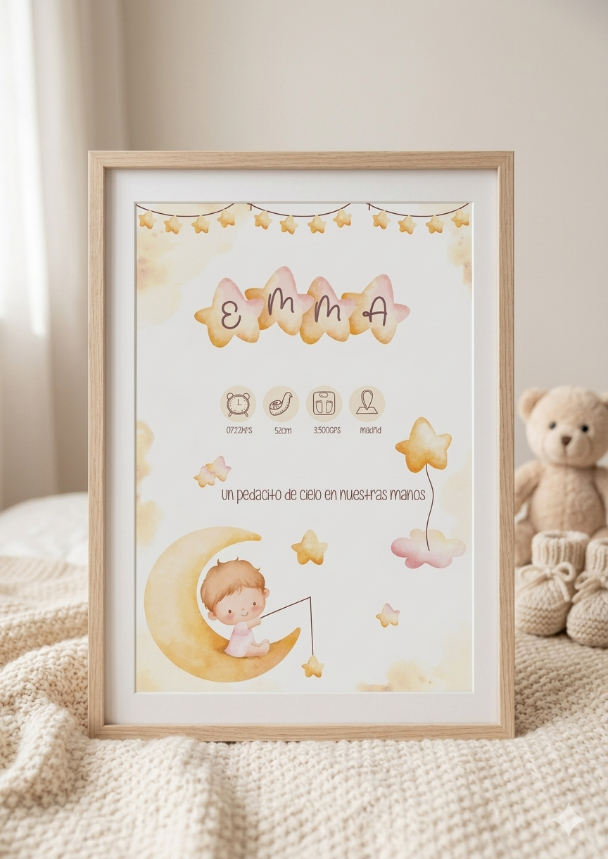 Lámina de Nacimiento Personalizada – Bebé en la Luna ⭐🌙