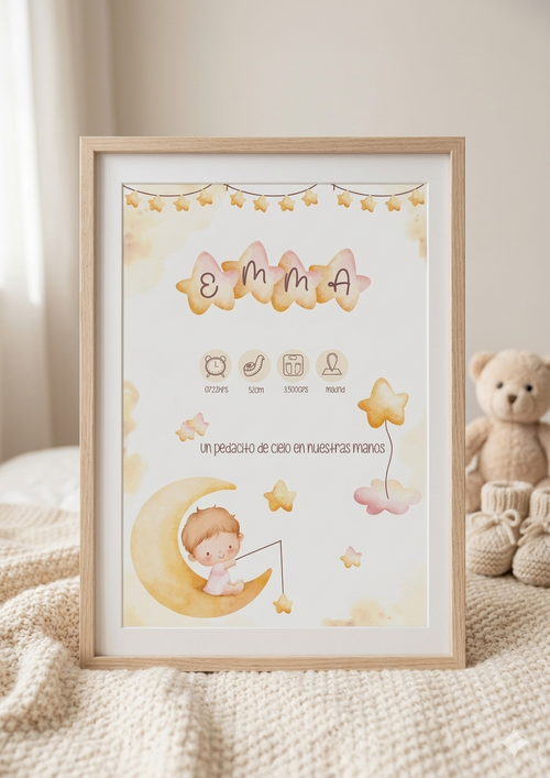 Lámina de Nacimiento Personalizada – Bebé en la Luna ⭐🌙