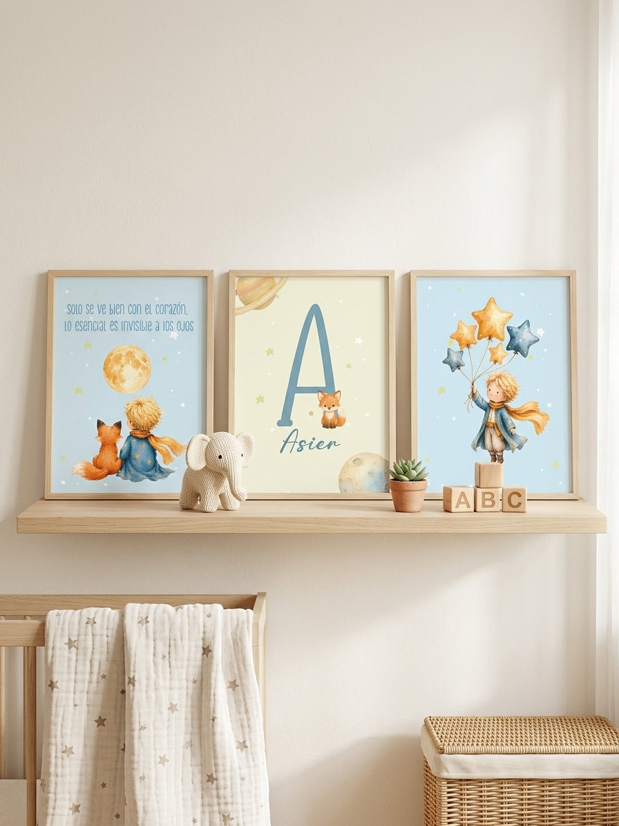 Set 3 láminas decorativas El Principito en habitación bebé estantería