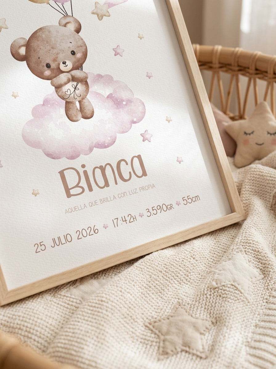 Lámina de nacimiento personalizada osito azul con globos - habitación bebé niño Damián