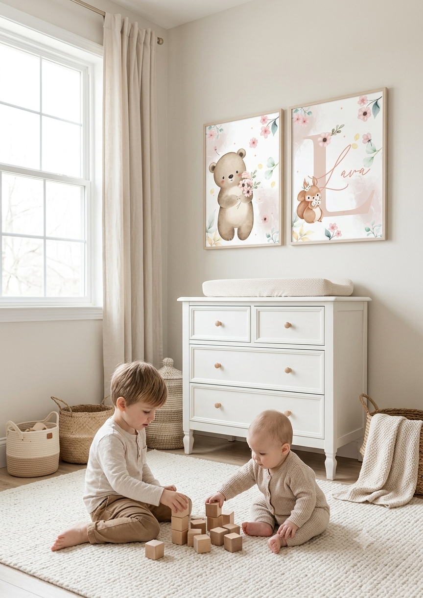 Set 2 láminas nacimiento osito e inicial personalizada en habitación infantil