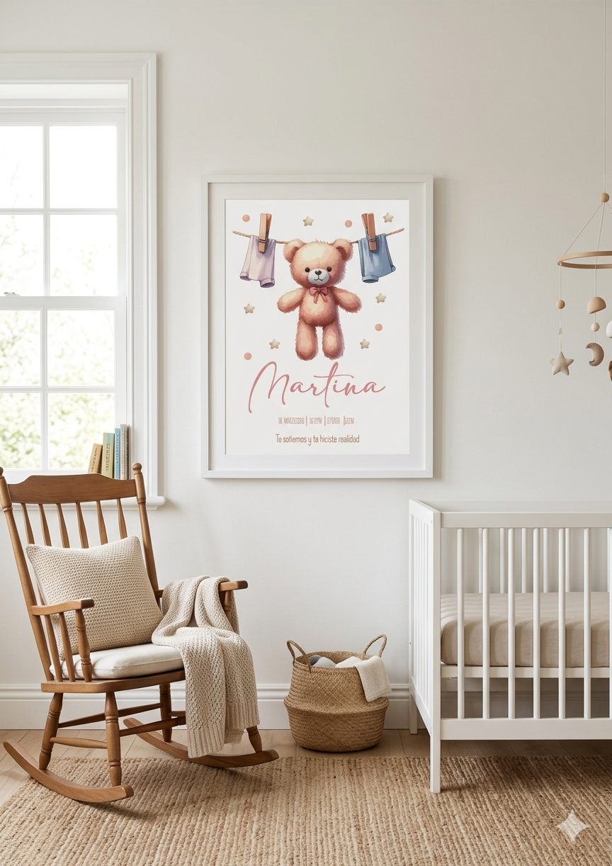 Lámina de Nacimiento Personalizada – Osita Rosa con Ropita 🐻🌸