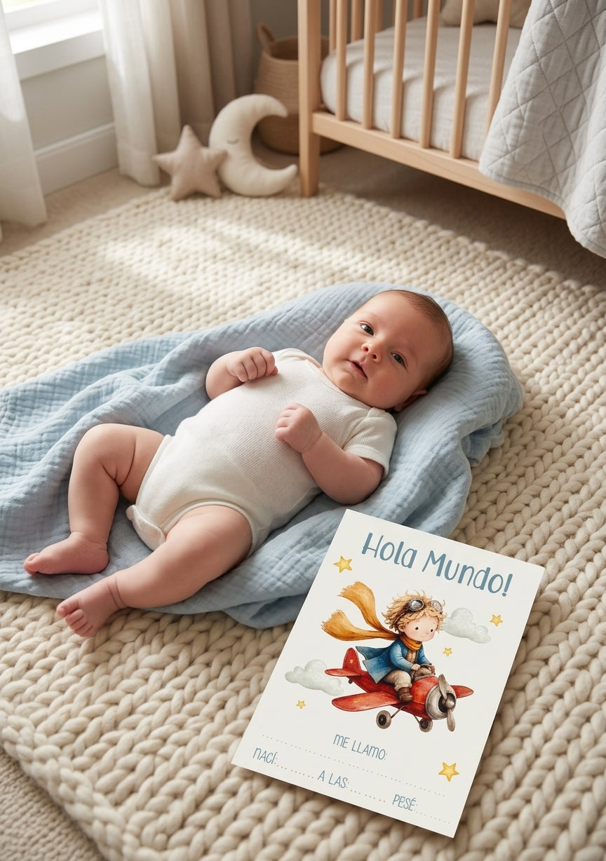 Bebé recien nacido con tarjeta hola mundo El Principito