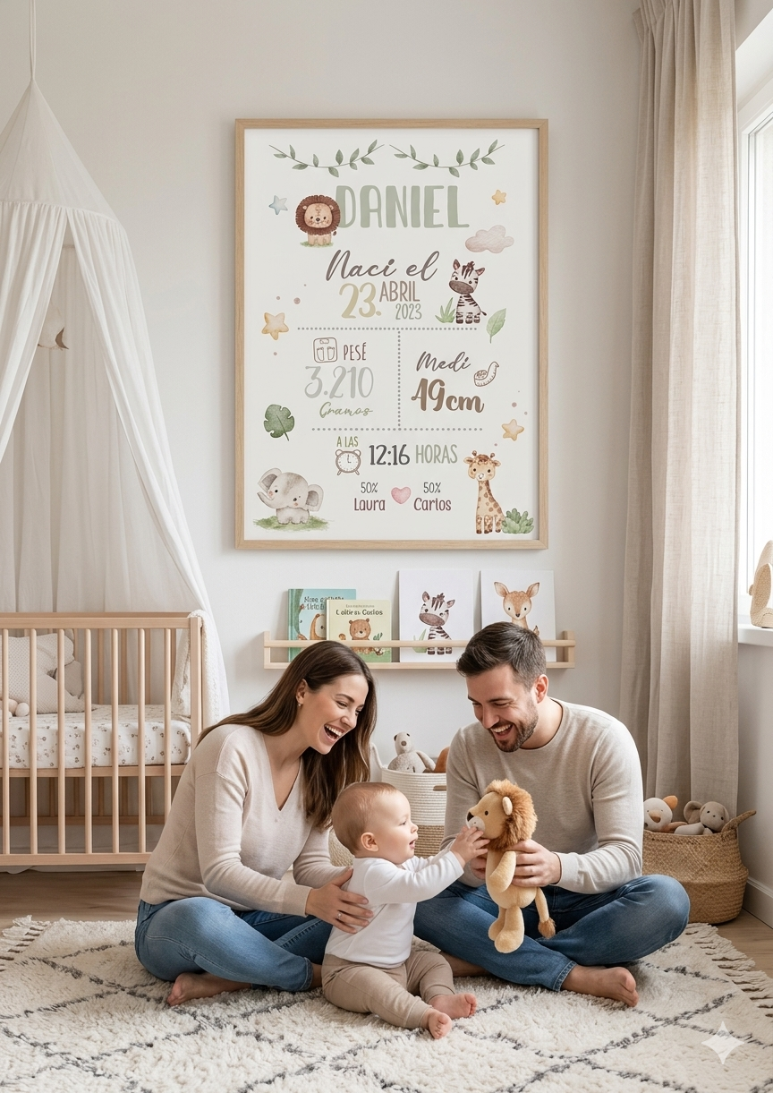 Lámina Nacimiento Personalizada Animales Sabana – Cuadro Bebé 🦁🦓🐘🦒