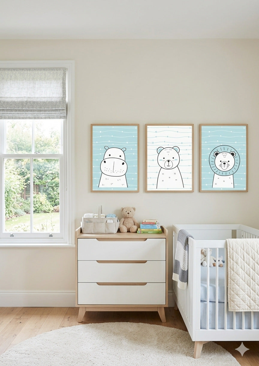 Set 3 Láminas Infantiles – Hipó, Osito y León 🦛🐻🦁