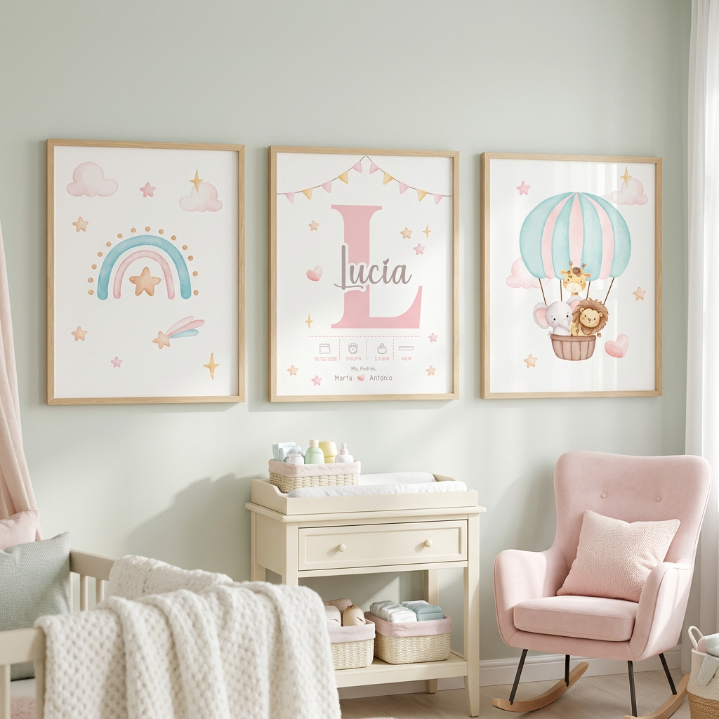 Set de 3 Láminas de Nacimiento Personalizadas – Arcoíris, Inicial y Animales 🌈🎈