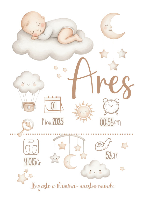 Lámina de Natalicio Personalizada – Bebé entre Nubes y Estrellas ⭐☁️