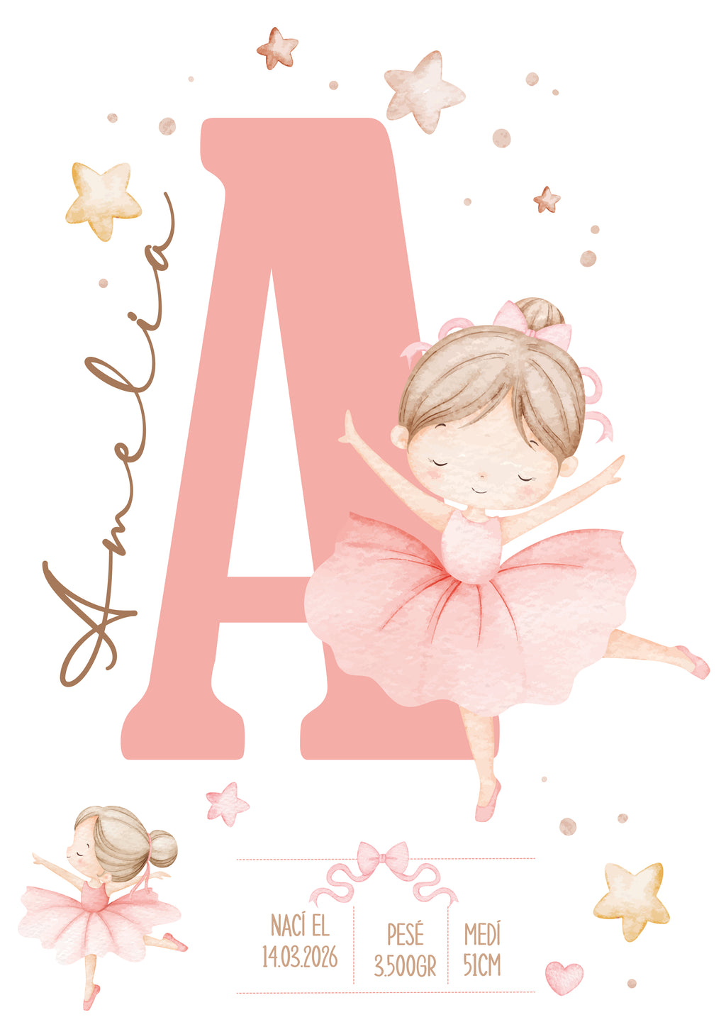 Lámina de Nacimiento Personalizada – Bailarina con Inicial 🩰⭐