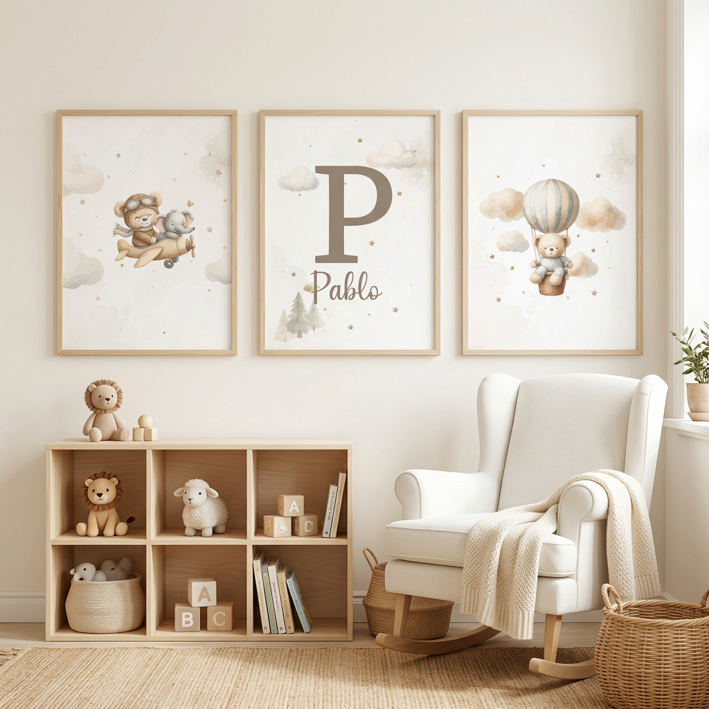 Set de 3 Láminas Decorativas Personalizadas – Osito Aviador, Inicial y Globo Aerostático 🐻✈️🎈