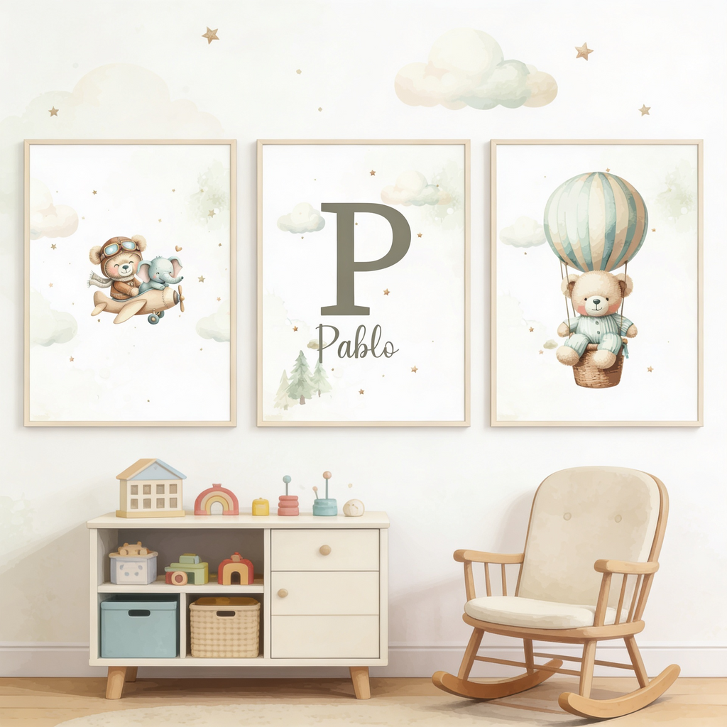 Set de 3 Láminas Decorativas Personalizadas – Osito Aviador, Inicial y Globo Aerostático 🐻✈️🎈