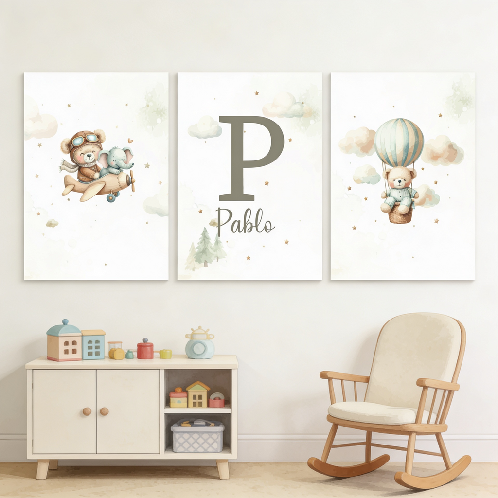 Set de 3 Láminas Decorativas Personalizadas – Osito Aviador, Inicial y Globo Aerostático 🐻✈️🎈